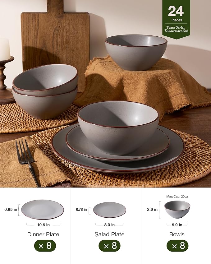 Famiware Venus Plates and Bowls Sets with Trim, 24 Pieces Speckled Stoneware Dinnerware Set for 8, Matte Dark Gray - Microwave & Dishwasher Safe, Modern Minimalist, Dishes for Everyday & Formal Dining