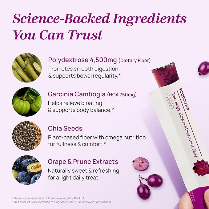 FOODOLOGY Coleology Bowel Movement Jelly (Grape & Prune) – Prebiotic Fiber Supplement for Gut Health & Daily Regularity, Chia Seeds, Korean Supplement – 10 Sticks