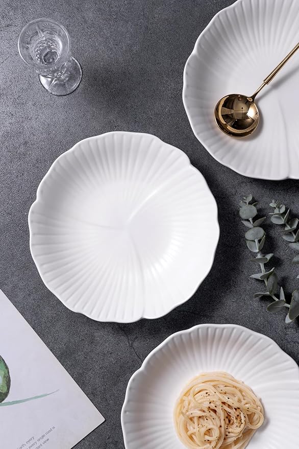 Jusalpha Set of 3-Japanese Style Flower Petal Shaped Porcelain Dinner Plates, Versatile Circular Serving Plates for Breakfast, Salad, Steak Dinner, PL019 (8 Inches, White)