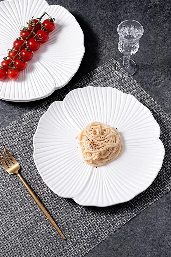 Jusalpha Set of 3-Japanese Style Flower Petal Shaped Porcelain Dinner Plates, Versatile Circular Serving Plates for Breakfast, Salad, Steak Dinner, PL019 (Flat plate, 10'', White)