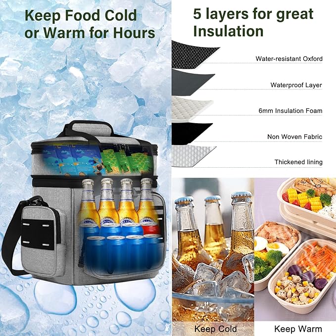 TENKIST Expandable Tactical Lunch Box, Large Insulated Lunch Cooler Bag Heavy Duty Leakproof Lunch Pail for Men Adults Work Office Outdoor Picnic Trips,16L,Grey