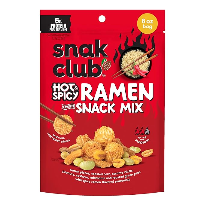 Snak Club Hot & Spicy Ramen Flavored Snack Mix, Crunchy Ramen Pieces, Toasted Corn, Sesame Sticks, Peanuts, Cashews, Edamame, Roasted Green Peas, 8 oz Resealable Bag