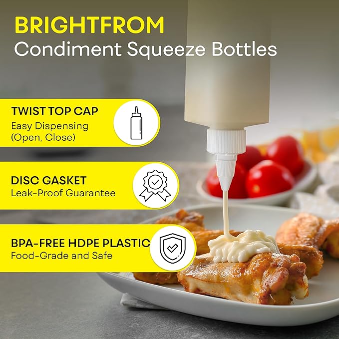 BRIGHTFROM Condiment Squeeze Bottles, 16 OZ Empty Squirt Bottle with Twist Top Cap, Leak Proof - Great for Ketchup, Mustard, Syrup, Sauces, Dressing, Oil, Arts and Crafts, BPA FREE Plastic - 4 PACK