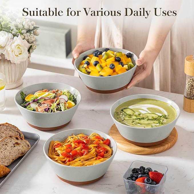 MALACASA Soup Bowls, Ceramic Salad Bowls Set of 4, 36oz Ceramic Bowls for Ramen, Cereal, Fruit and Pho, Microwave & Dishwasher Safe, Speckled Deep Bowls, Grey & Brown