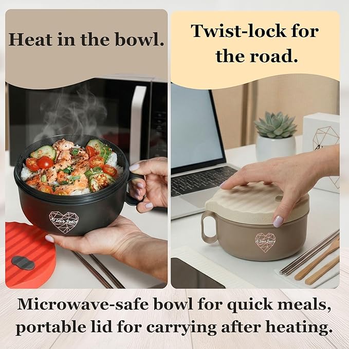 AI LOVE PEACE Microwave Noodle Bowl Set of 2, 40 oz Ramen Bowls with Lids, Dishwasher Safe Soup Bowl for Ramen, Pho, Pasta, Rice, College Dorm Essentials (Beige & Red)
