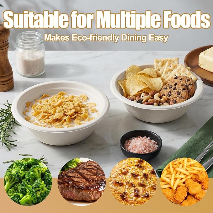 TaidMiao Paper Bowls Disposable - 100 Pack 12 oz Compostable & Biodegradable Bowls; Heavy Duty Sugarcane Fiber Bowls, Microwave Safe; Ideal for Soup, Salads, Pasta & Ice Cream