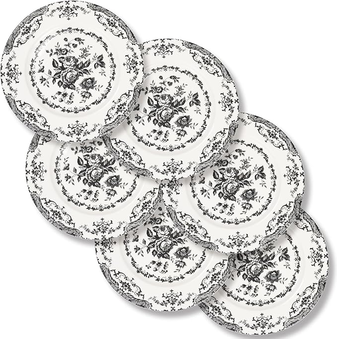 Salad Plates, 8.5 Inch Ceramic Plates Set of 6, Kitchen Plate Microwave Safe, White Porcelain Dessert Plate Porcelain Serving Dishes, Black