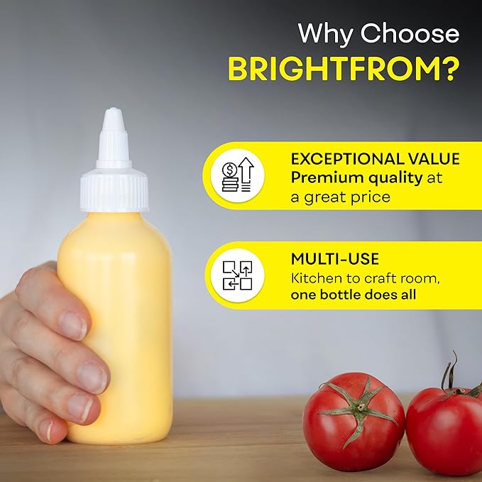 BRIGHTFROM Condiment Squeeze Bottles - 4 OZ Squirt Empty Bottles, Twist Top Cap, Leak Proof - Great for Ketchup, Mustard, Syrup, Sauces, Dressing, Oil, Arts and Crafts, BPA-FREE Plastic - 3 PACK