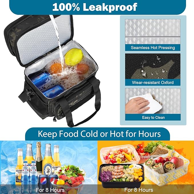 GLENKEY Tactical Lunch Box Cooler Bag - Expandable Insulated Lunch Bag for Men Women - XLarge Lunchbox for Adults Work Shifts Outdoor Trips Black Camo 22L