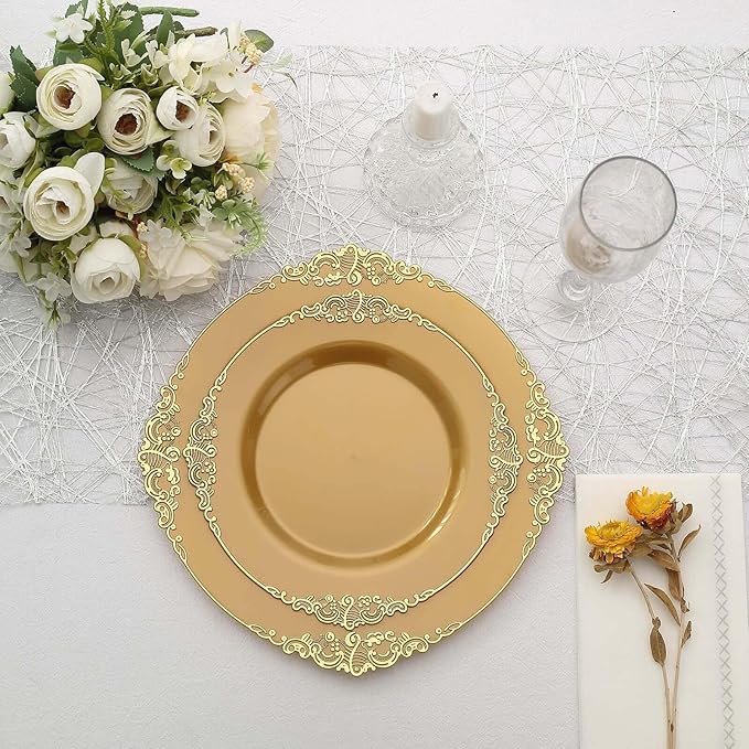 Efavormart 10 Pack | 8" All-Gold Baroque Dessert Plates, Leaf Embossed Metallic Rim Heavy Duty Appetizer Plates for Royal Anniversary Celebrations