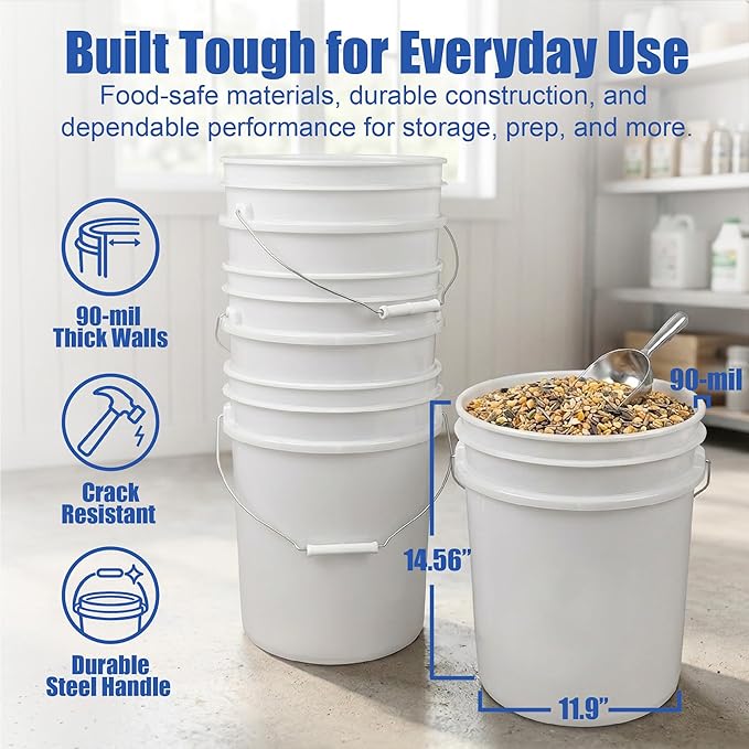 ePackageSupply 5 Gallon Bucket - Food Grade Bucket with Airtight Gamma Seal Screw-On Lid, BPA-Free, Heavy-Duty 90 Mil HDPE Plastic, Bulk Storage, Durable Container, Made in USA, White/Green, 3 Packs