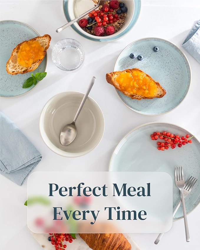 Stoneware breakfast & dessert plates set 2 pcs – Light beige & blue stylish cake plates – Dishwasher, microwave and scratch resistant – Small salad plates – Dinner service