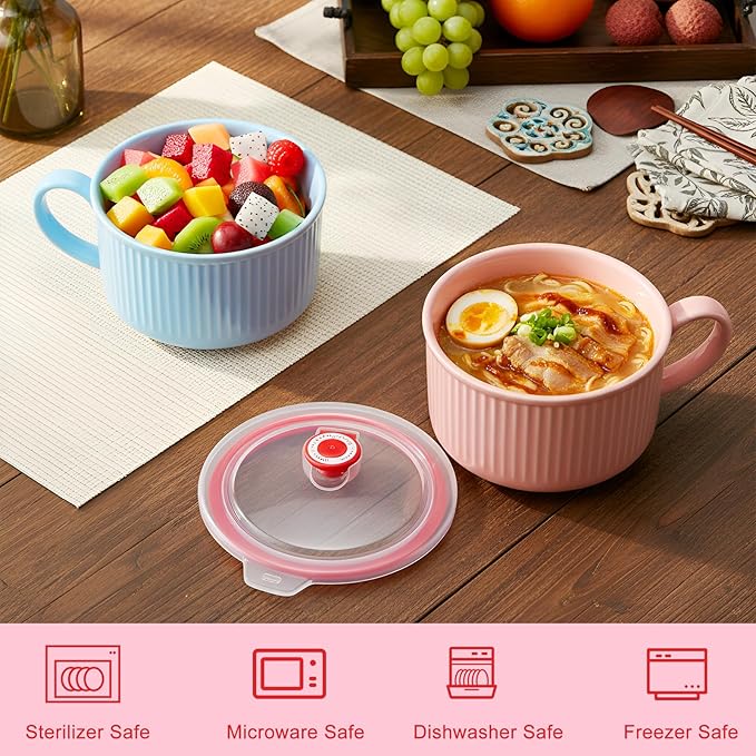 Nuenen 2 Pcs Soup Bowls with Lids and Handles 30 oz Microwave Safe Ceramic Soup Mug Microwavable Ramen Containers with Lids Large Colorful Cups for Noodle Cereal kitchen(Baby Blue, Pink)