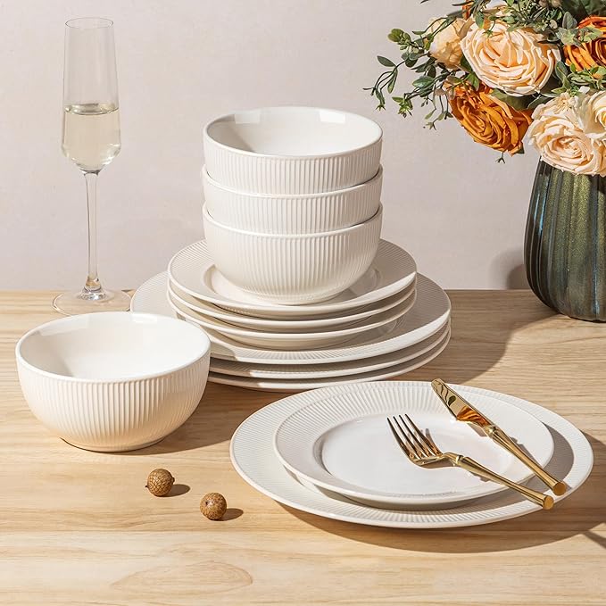 TheTerra Stoneware Dinnerware Sets for 4, 12 Pieces Ceramic Plates and Bowls Sets, Scratch Resistant Embossed Dish Set, Oven, Microwave & Dishwasher Safe, Cream White