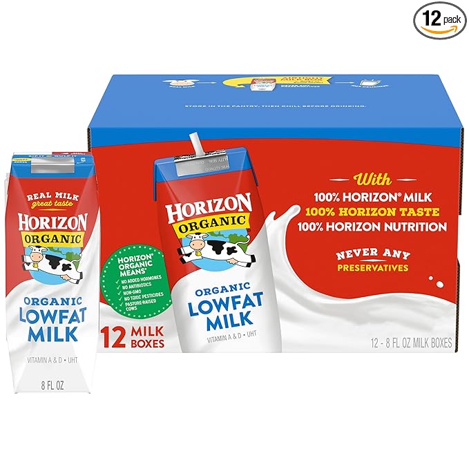 Horizon Organic Shelf Stable 1% Lowfat Milk Boxes, Pack of 12 - 8g Protein per Serving