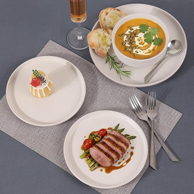 Ceramic Plates and Bowls Sets, White Dinnerware Set for Kitchen, Modern Design Dinner Plates, Stoneware Dishware Sets, Microwave and Dishwasher Safe