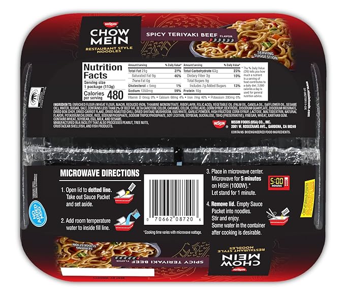 Nissin Chow Mein Noodles, Spicy Teriyaki Beef, 10g Protein, 4 Ounce (Pack of 8)