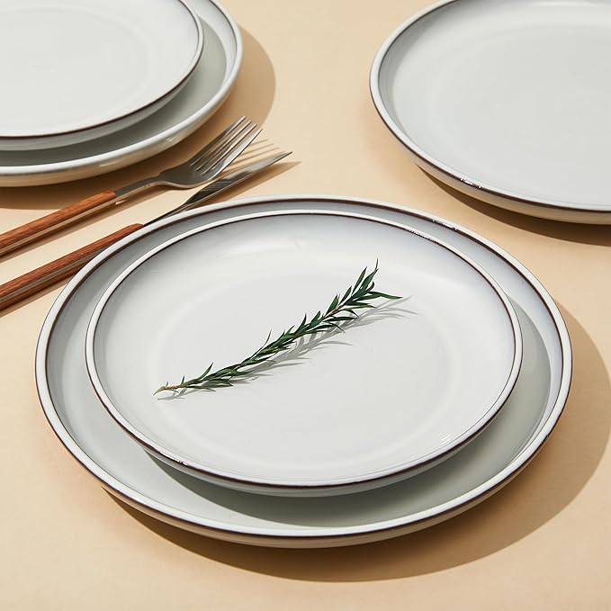 Pokini Salad Plates Set of 6, Microwave Safe Plates for Dessert, Appetizer, Scratch Resistant and Dishwasher Safe, Moonstone White