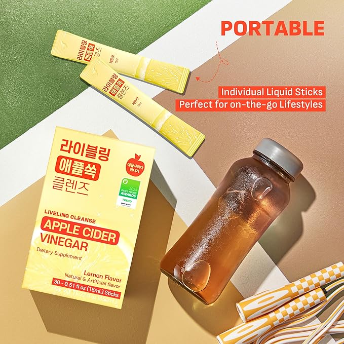 [Liveling] Apple Cider Vinegar Drink Stick with 7,500mg ACV – Lemon Flavor | Supports Digestion, Daily Cleanse, Sugar-Free, Low-Calories, Portable On-The-Go Packets (30 sticks)