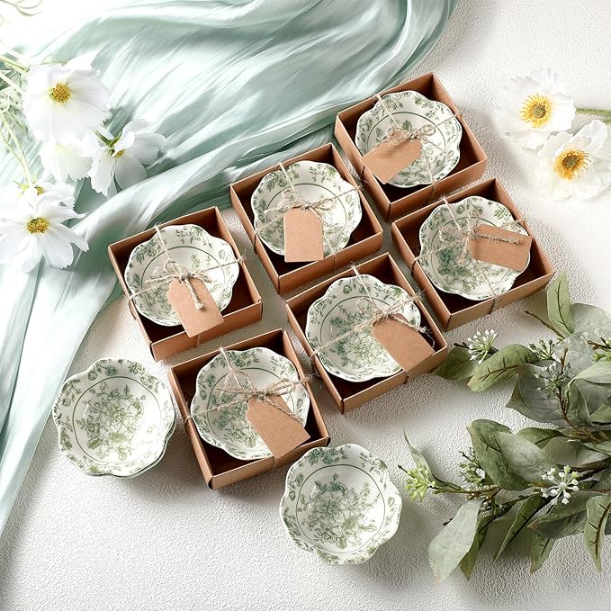 SiliFine 12 Pcs Wedding Favors for Guests Small Ceramic Bowl Bulk Gifts Set 3.3 Inch Floral Design Mini Dipping Sauce Dish with Card Box for Bridal Pooja Baby Shower Birthday (Flower,Sage Green)