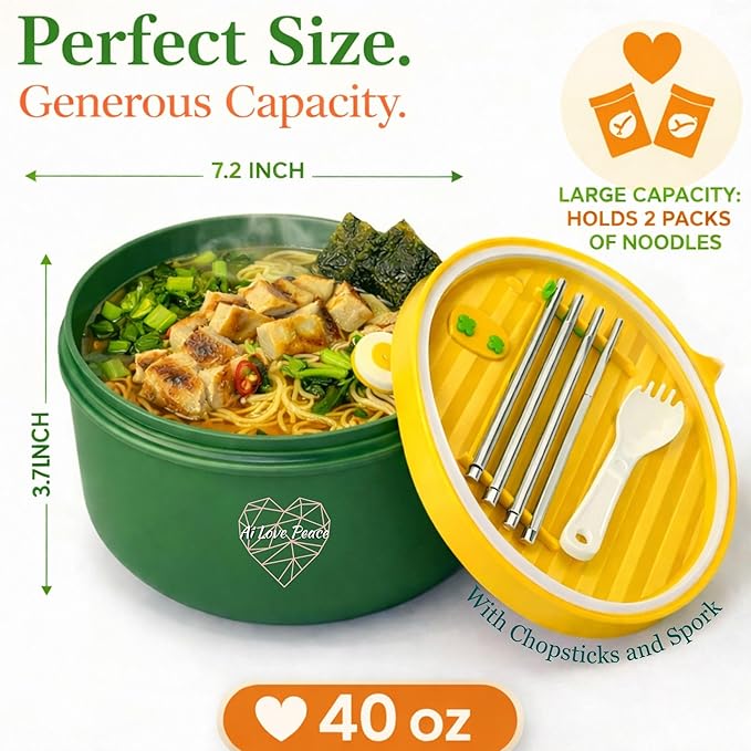Microwaveable Ramen Noodle Bowl Cooker 40oz for Ramen, Pho, Soup, and Pasta, Dishwasher Safe and Portable, Ideal for Home, Office, Dorm, or Gift.Ai Love Peace (Green)