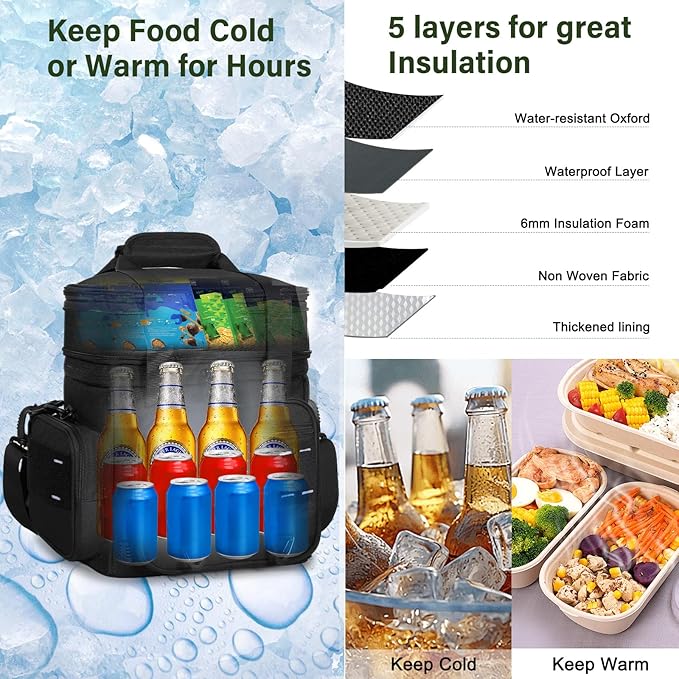 TENKIST Expandable Tactical Lunch Box, Large Insulated Lunch Cooler Bag Heavy Duty Leakproof Lunch Pail for Men Adults Work Office Outdoor Picnic Trips,16L,Black