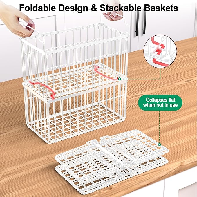 MSERCUOR Freezer Organizer Bins, 4 Pack Stackable Deep Chest Freezer Organizer Bins, Foldable Baskets with Handles, White Storage Container Baskets for 5/ 7 Cu.FT Sort Frezen Meats