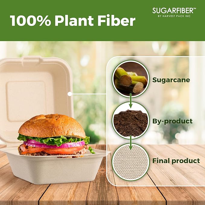[50 COUNT]Harvest Pack 6 X 6" Compostable Clamshell Take Out Food Containers, PFAS FREE Square To go Containers with Lids, Heavy-Duty Disposable Bagasse Bento Cake Box, Eco-Friendly Sugarcane Fibers
