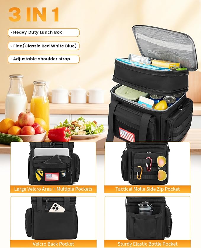 Gafetrey Tactical Lunch Box for Men, Insulated Lunch Bag Adult, Thermal Lunchbox Leakproof Waterproof Cooler Bag, Large Lunch Pail for Work Office Camping Travel (Black)