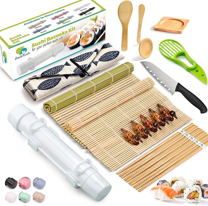 SmileTools Sushi Making Kit, 22-in-1 Sushi Roller Kit with Bamboo Sushi Rolling Mat, Sushi Bazooka, Avocado Knife, Sushi Knife, Chopsticks, Sauce Dishes, Rice Spreader & More DIY Sushi Party Gift