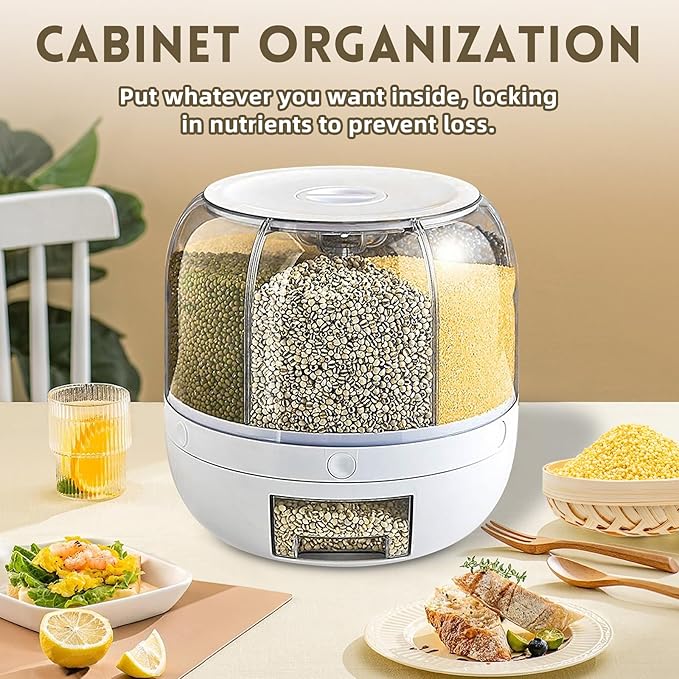 Grain Storage Container Dispenser, 6 Grids Rice Dispenser Rotating, 360° Rotating Food Dispenser One-Click Output Rice Storage Round Grain Dispenser Kitchen for Small Grains, Beans, Rice