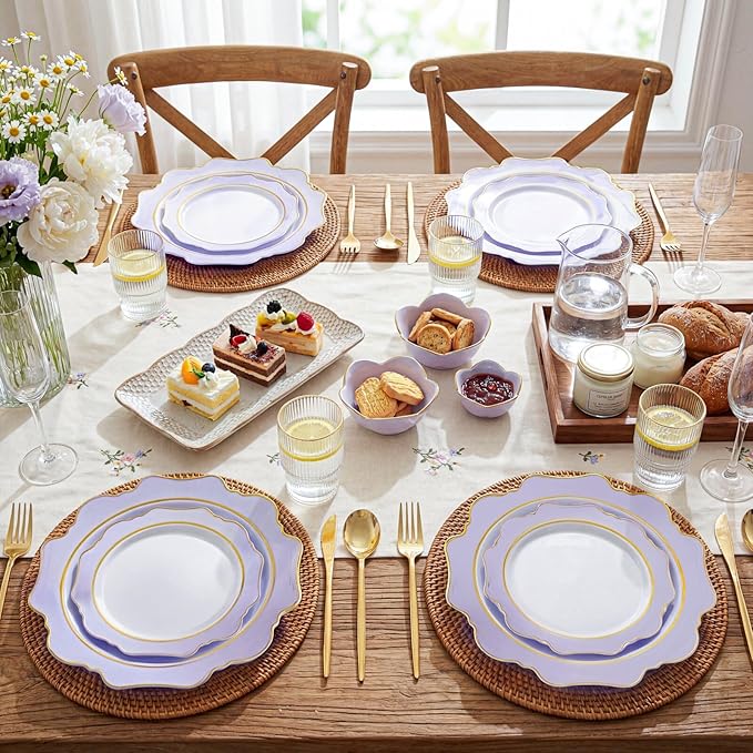 WDF 100PCS Purple Disposable Plates - Lavender Plates - Heavy Duty Scalloped Purple Plastic Plate for Party/Wedding/Birthday/Spring