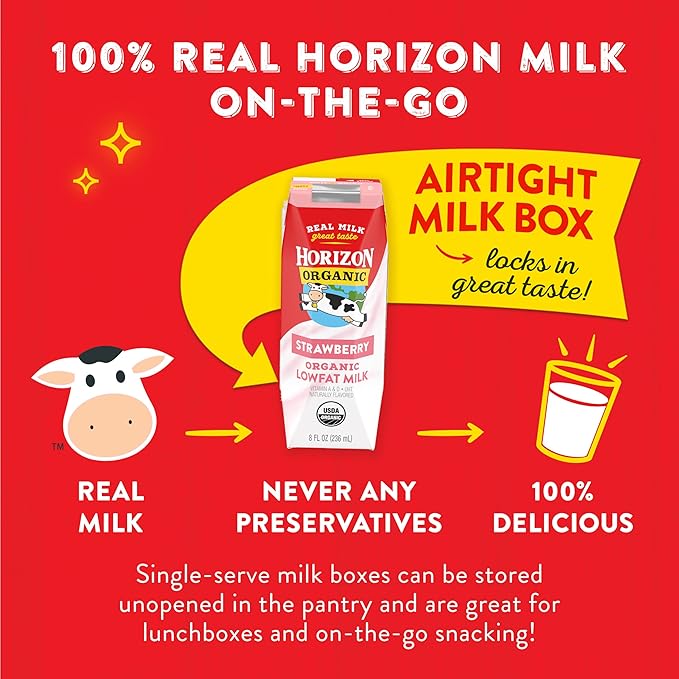 Horizon Organic Shelf Stable 1% Lowfat Strawberry Milk Boxes, Pack of 12 - 8g Protein per Serving