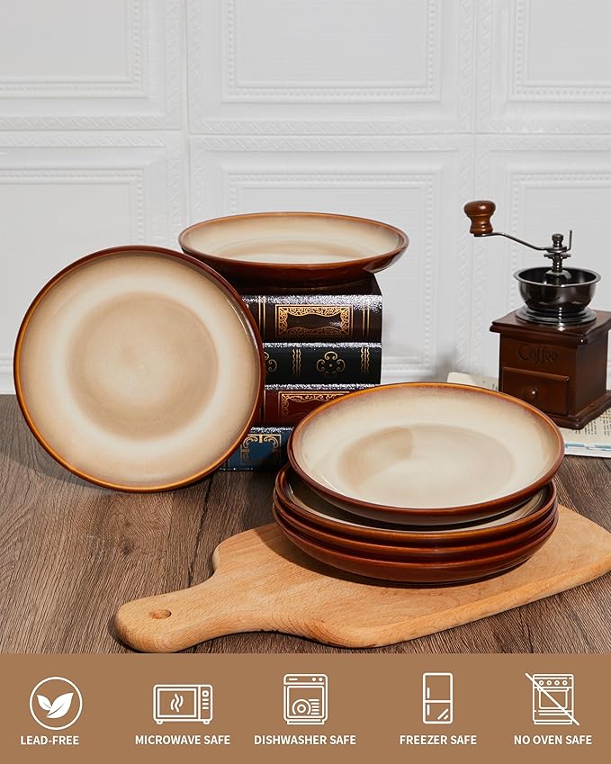 Pokini Stoneware Plates Set of 6, 8 Inch Handmade Reactive Glaze Ceramic Set for Dessert, Salad, Appetizer, Small Dinner Plates, Microwave & Dishwasher Safe, Highly Chip and Crack Resistant