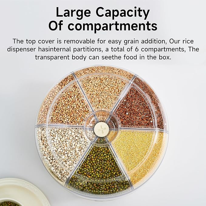 UFORU Rice Dispenser | 360° Rotating Grain Storage Bin - 6 Grids, 20LBS Large Capacity Food Container, Moisture-Proof, One-Click Output for Rice, Beans & Pet Food - Kitchen Pantry Organizer