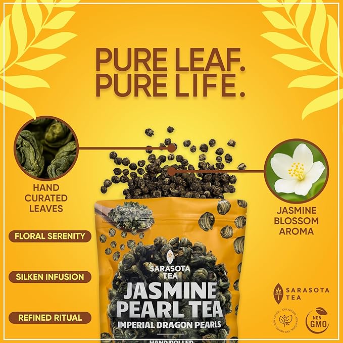 Organic Jasmine Pearls Loose Leaf Tea | Hand-Rolled Green Tea Scented with Jasmine Blossoms | USDA Organic | Premium Dragon Pearls | 1lb (16oz) Bag | Floral & Smooth | Non-GMO