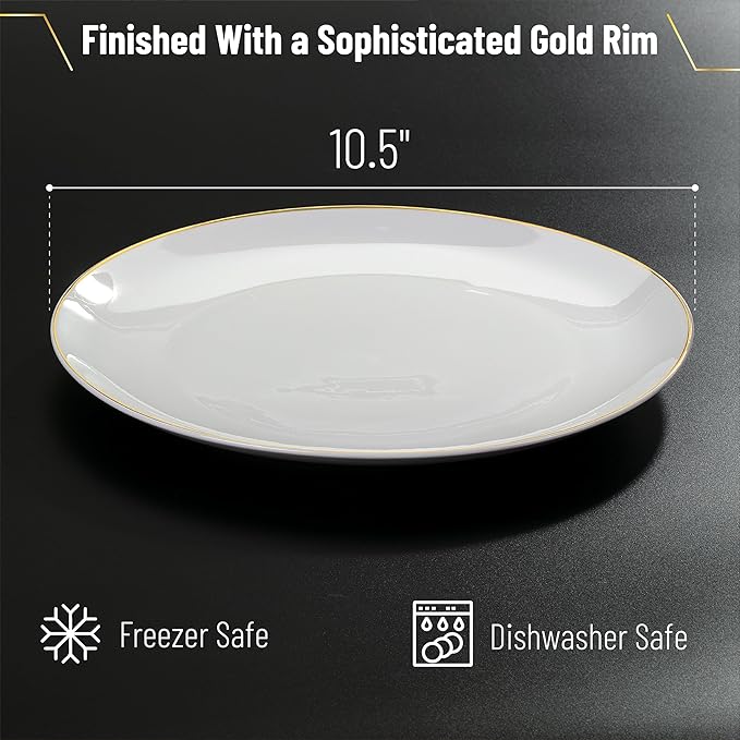 BTaT- White Porcelain Dinner Plates with Gold Rim, Set of 6, 10.5", Porcelain Dinner Plates