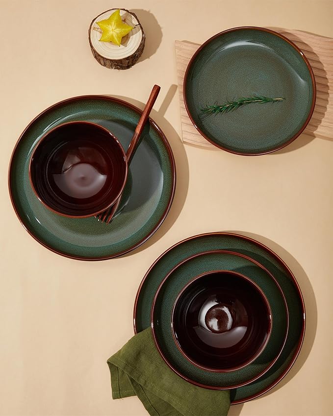Pokini Stoneware Dinner Plates Set of 6, Ceramic Plates With Lipped Edges, Microwave/Dishwasher Safe, Modern Rustic Dinnerware, Kitchen Reactive Glaze Serving Dishes, Brown Green