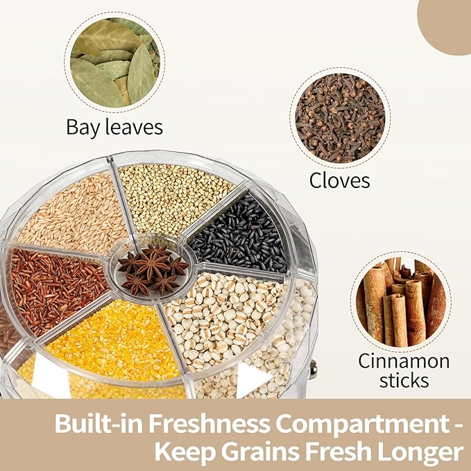 Rice Food Grain Dispenser, 6 Grids Rice & Grain Storage Container 360° Rotatable Grain Dispenser One-Button Pressing Storage Bucket for Grains Snacks Coffee Beans Pet Food Dispenser (13.2LBS)
