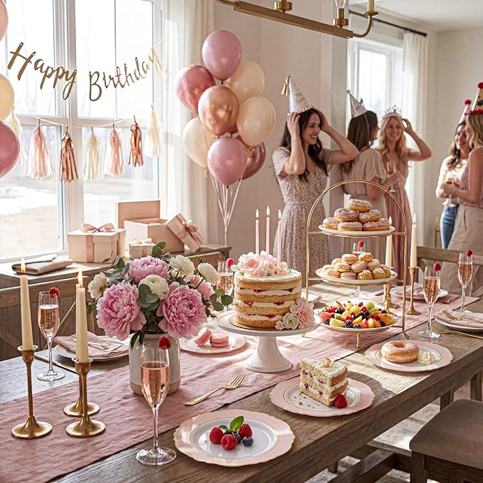WDF 60pcs Pink Dessert Plates - 7.5inch Baroque Pink and White Disposable Dessert Cute Cake Plates for Upscale Parties &Wedding-Special for Baby Shower, Brithday, Tea Party
