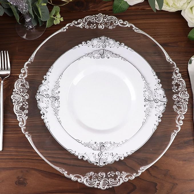 Efavormart 10 Pack | 10" White and Silver Baroque Dinner Plates, Leaf Embossed Metallic Rim Heavy Duty Serving Plates for Military Galas and Formal Events