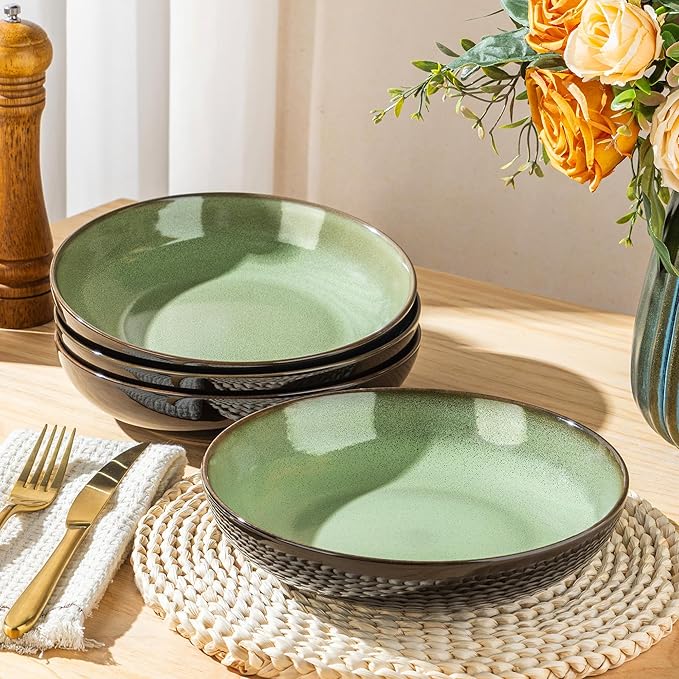 LERATIO Large Pasta Bowls,38oz Ceramic Pasta Bowls,9.0" Reactive Glaze Pasta Bowl Set of 4,Microwave & Dishwasher,Oven Safe,Wide Serving Bowls for Salad,Pasta,Fruit,Scratch Resistant-Light Blue