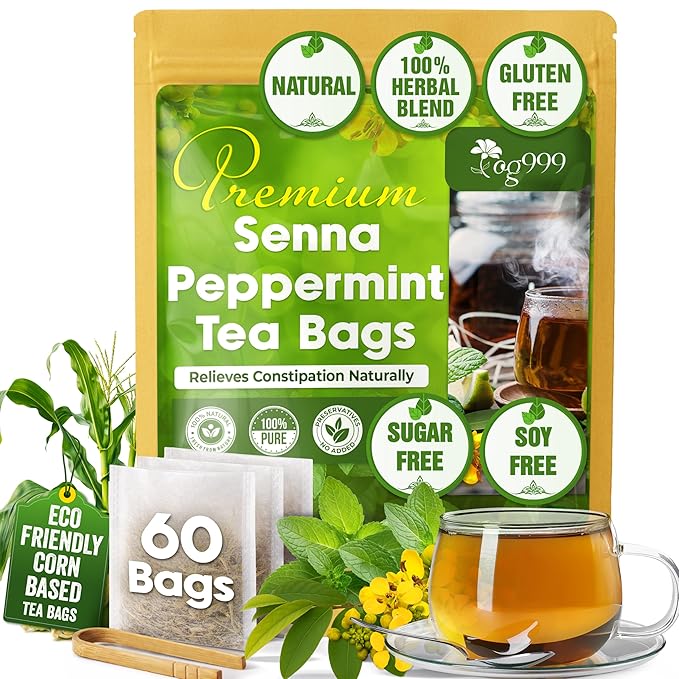 TOG999, 60 Tea Bags, Blend of Senna Leaves - Peppermint - Licorice - Fennel, 100% Natural Ingrendients, Hand-made Herbal Tea, Relieves Constipation Naturally Tea, No Sugar, No Caffeine, No Gluten, Vegan.