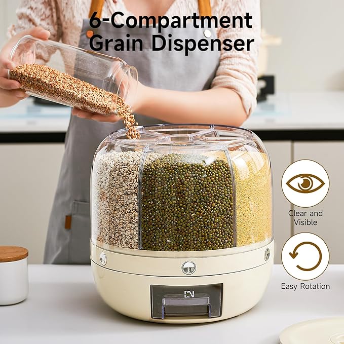UFORU Rice Dispenser | 360° Rotating Grain Storage Bin - 6 Grids, 20LBS Large Capacity Food Container, Moisture-Proof, One-Click Output for Rice, Beans & Pet Food - Kitchen Pantry Organizer