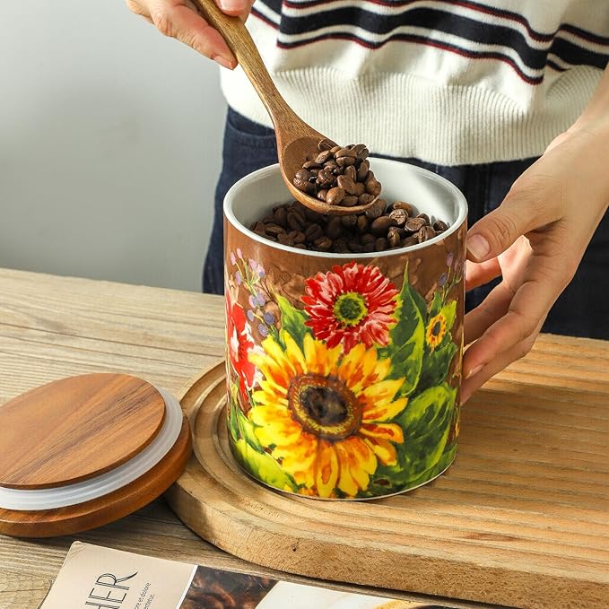 Oil painting Sunflower Food Storage Jar Strong Ceramic Storage Canisters with Airtight Seal Bamboo Lid Modern Design Seal Damp-Proof Kitchen Jar for Coffee, Tea,coffee