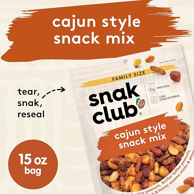 Snak Club Cajun Style Snack Mix with Hot and Spicy Peanuts, Butter Toffee Peanuts, Toasted Corn, Cajun and Honey Sesame Sticks, and Almonds, Kosher Trail Mix Snacks, 15 oz Resealable Bag