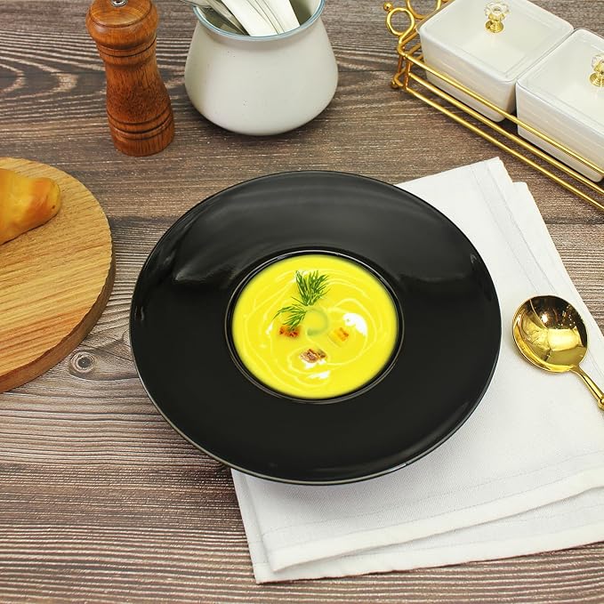 Ceramics Rimmed Soup Bowls 8.5 oz, Black 10.4 inch Exquisite small soup plate Set of 4, Pasta plates With Rim is the best choice for hotels, kitchens, fine restaurants and gourmets