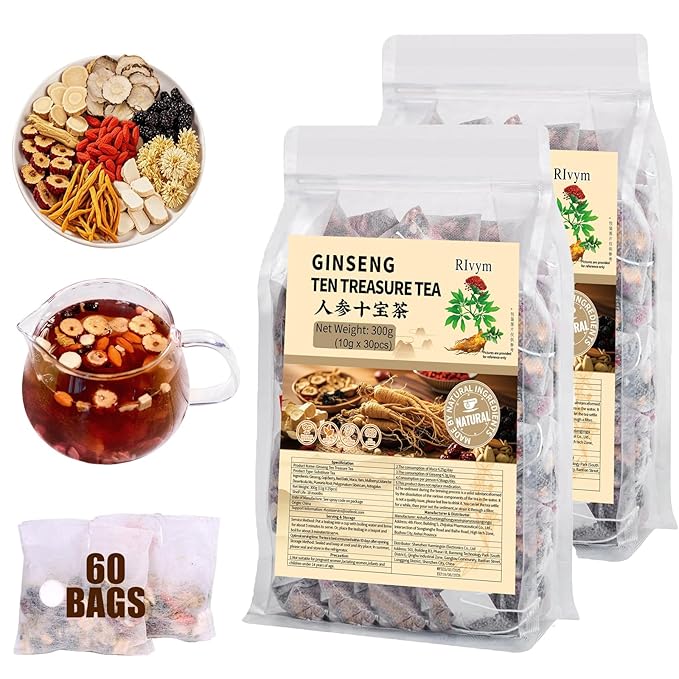 60Pcs Ginseng Ten Treasures Tea, Chinese Traditional Kidney Care Herbal Tea, Natural Kidney Cleanse Detox Tea for Women & Men, 10 Precious Ingredients Formula(60Bags, 600g)