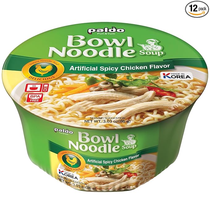 Paldo Fun & Yum Instant Cup Noodle Soup Bowl with Chicken Flavored Broth, Pack of 12, Best Oriental Style Korean Ramyun, Most Loved Korean Noodles, 86g (3.03 oz) (Pack of 12)