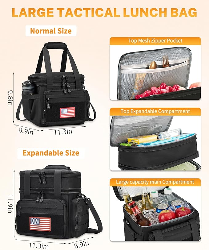 Gafetrey Tactical Lunch Box for Men, Insulated Lunch Bag Adult, Thermal Lunchbox Leakproof Waterproof Cooler Bag, Large Lunch Pail for Work Office Camping Travel (Black)